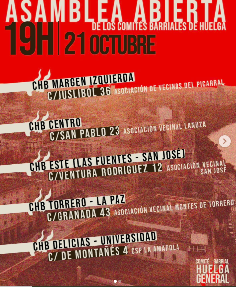 ASAMBLEA ABIERTA DE LOS COMITES BARRIALES DE HUELGA EN DIFERENTES BARRIOS DE ZARAGOZA. MIERCOLES 21 DE OCTUBRE, 19:00 H.