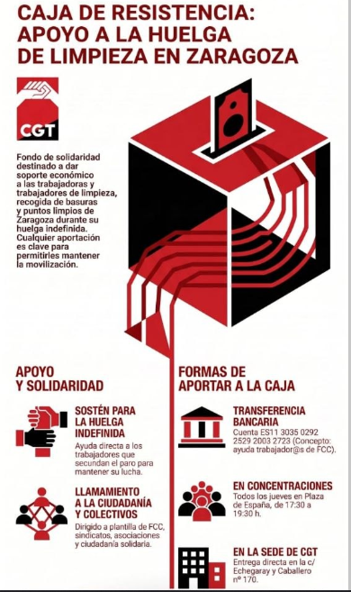 CAJA DE RESISTENCIA PARA LA HUELGA INDEFINIDA DE LOS TRABAJADORXS DE FCC LIMPIEZA DE ZARAGOZA.