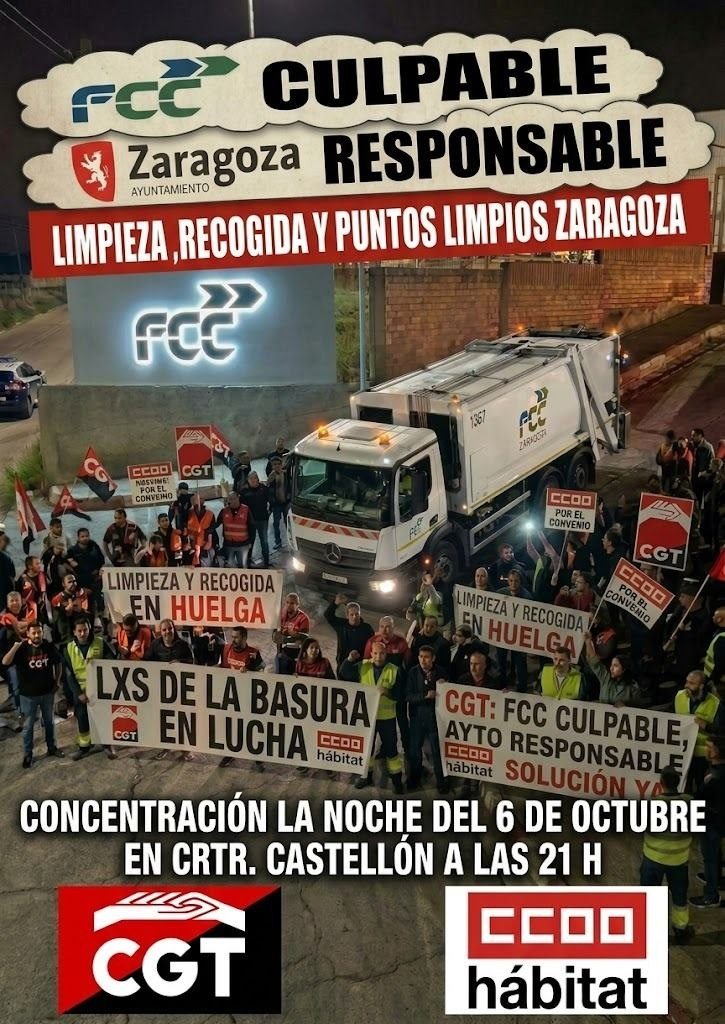 Trabajadorxs de FCC, hacia la huelga indefinida. Concentración la noche del 6 de Octubre, a las 21:00 h en carretera Castellón, enfrente de cocheras de los autobuses, a lado de las grúas.